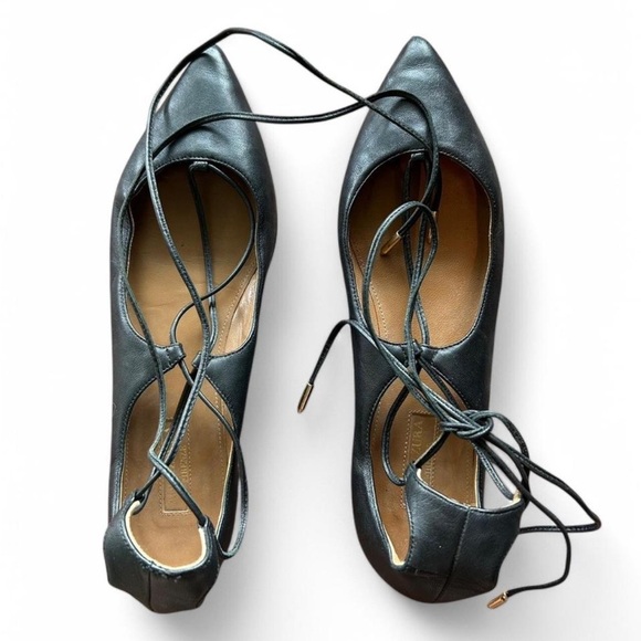 Aquazzura Black and Gold Leather Lace-Up Christy Flats - Picture 1 of 5